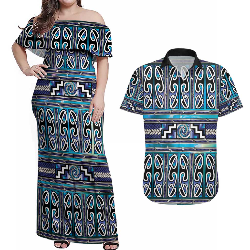 Maori Matariki Couples Matching Off Shoulder Maxi Dress and Hawaiian Shirt Blue Galaxy Aesthetic Koru Art LT01 Blue - Polynesian Pride