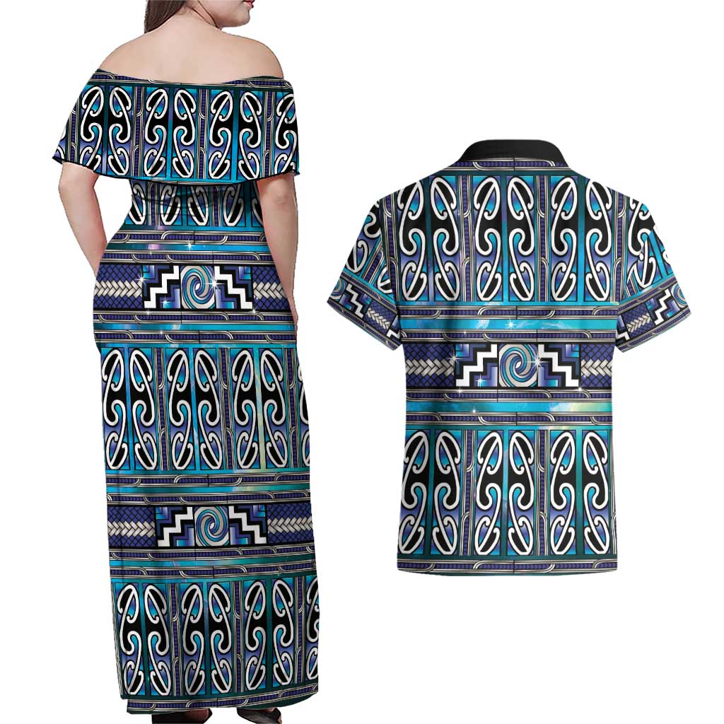 Maori Matariki Couples Matching Off Shoulder Maxi Dress and Hawaiian Shirt Blue Galaxy Aesthetic Koru Art LT01 - Polynesian Pride