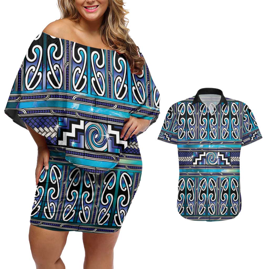 Maori Matariki Couples Matching Off Shoulder Short Dress and Hawaiian Shirt Blue Galaxy Aesthetic Koru Art LT01 Blue - Polynesian Pride