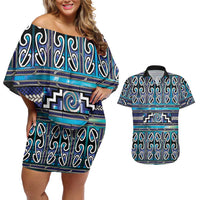 Maori Matariki Couples Matching Off Shoulder Short Dress and Hawaiian Shirt Blue Galaxy Aesthetic Koru Art LT01 Blue - Polynesian Pride