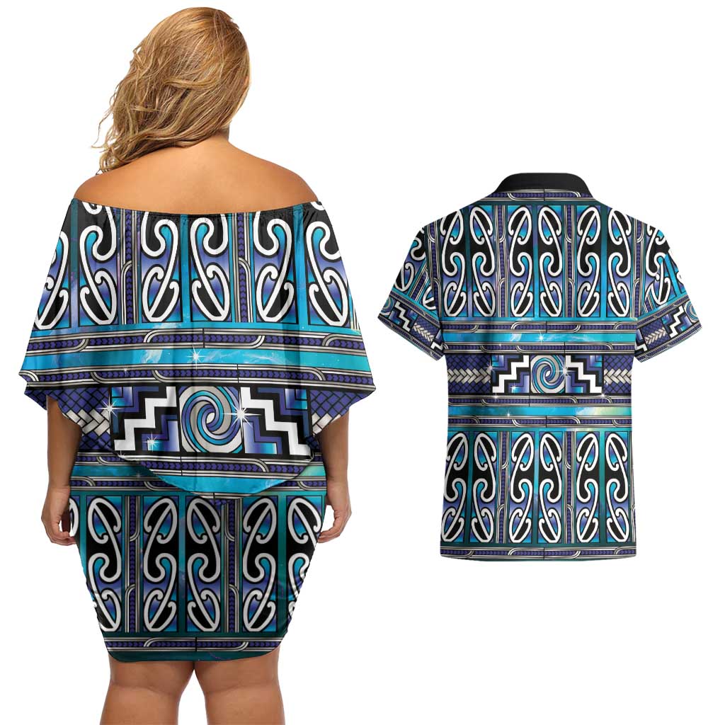 Maori Matariki Couples Matching Off Shoulder Short Dress and Hawaiian Shirt Blue Galaxy Aesthetic Koru Art LT01 - Polynesian Pride