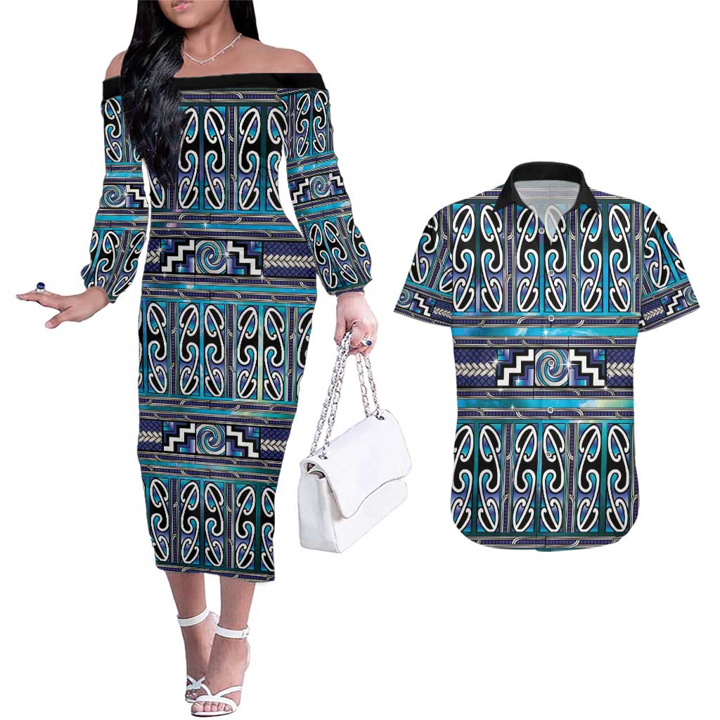 Maori Matariki Couples Matching Off The Shoulder Long Sleeve Dress and Hawaiian Shirt Blue Galaxy Aesthetic Koru Art LT01 Blue - Polynesian Pride