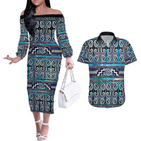 Maori Matariki Couples Matching Off The Shoulder Long Sleeve Dress and Hawaiian Shirt Blue Galaxy Aesthetic Koru Art LT01 Blue - Polynesian Pride