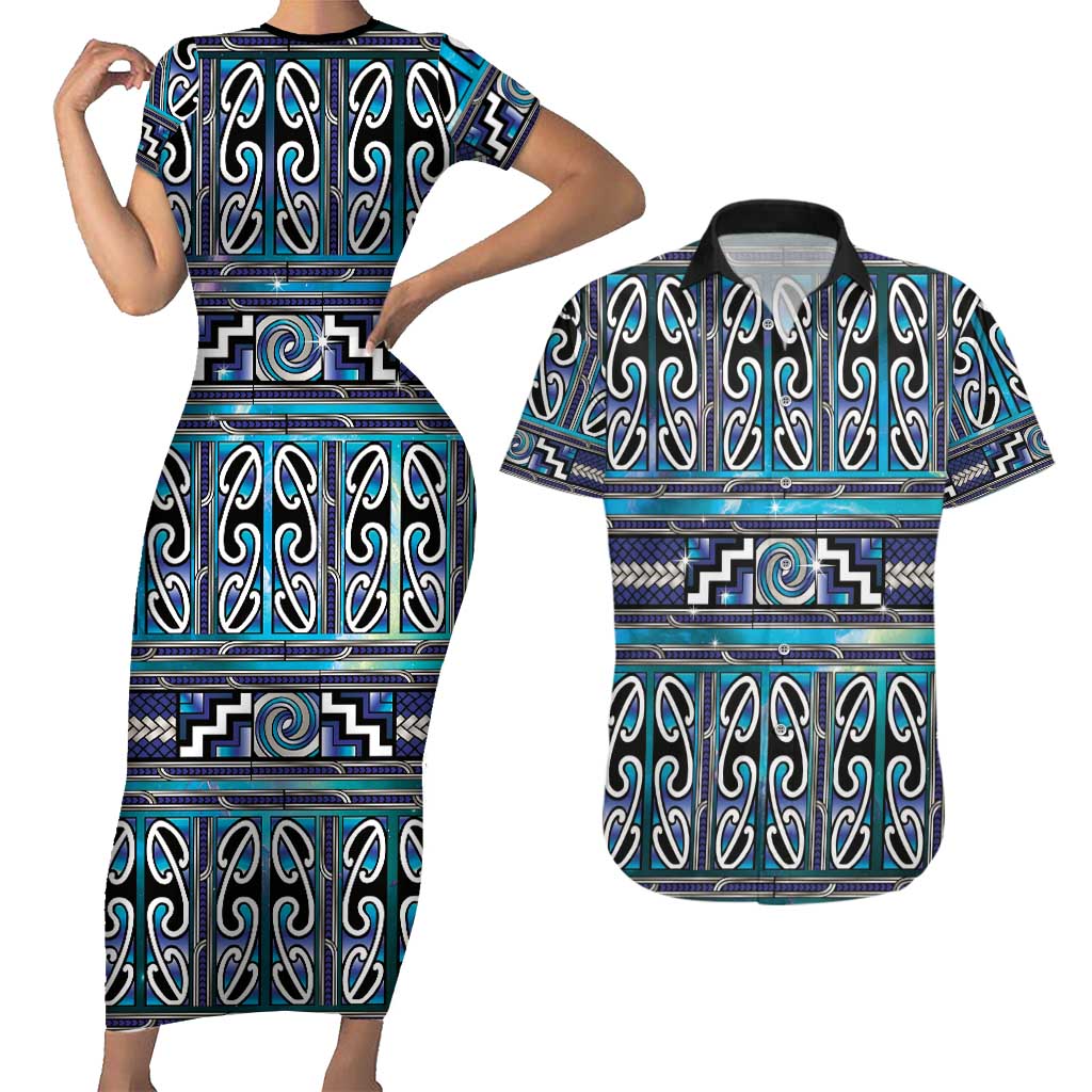 Maori Matariki Couples Matching Short Sleeve Bodycon Dress and Hawaiian Shirt Blue Galaxy Aesthetic Koru Art LT01 Blue - Polynesian Pride