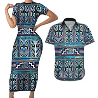 Maori Matariki Couples Matching Short Sleeve Bodycon Dress and Hawaiian Shirt Blue Galaxy Aesthetic Koru Art LT01 Blue - Polynesian Pride