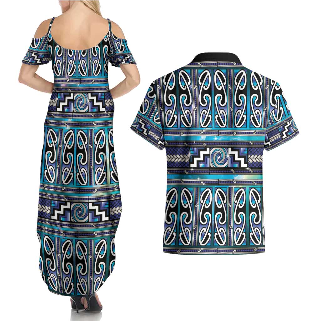 Maori Matariki Couples Matching Summer Maxi Dress and Hawaiian Shirt Blue Galaxy Aesthetic Koru Art LT01 - Polynesian Pride