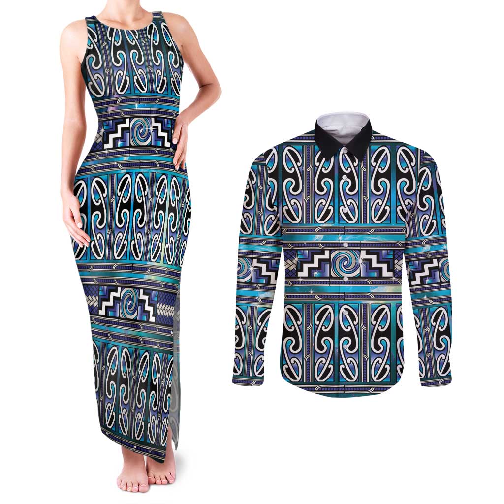 Maori Matariki Couples Matching Tank Maxi Dress and Long Sleeve Button Shirt Blue Galaxy Aesthetic Koru Art