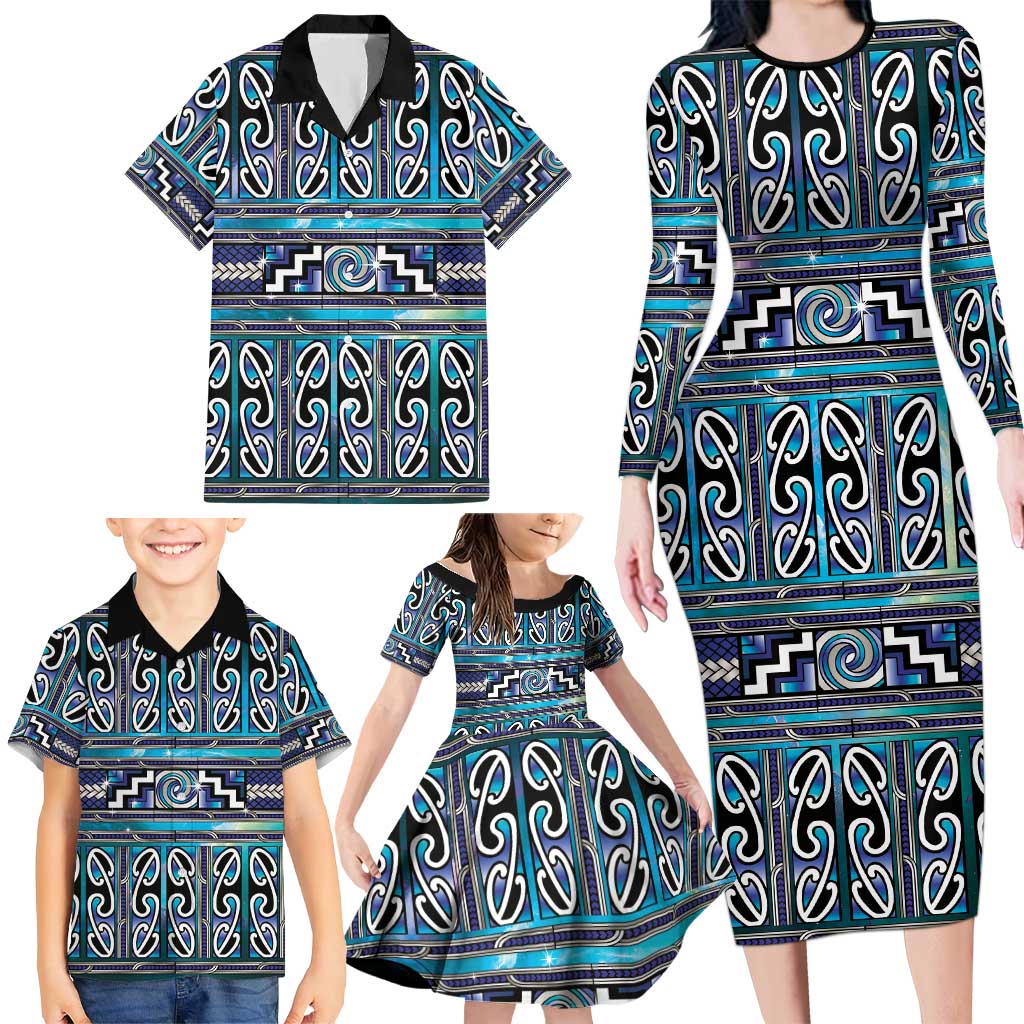 Maori Matariki Family Matching Long Sleeve Bodycon Dress and Hawaiian Shirt Blue Galaxy Aesthetic Koru Art LT01 - Polynesian Pride