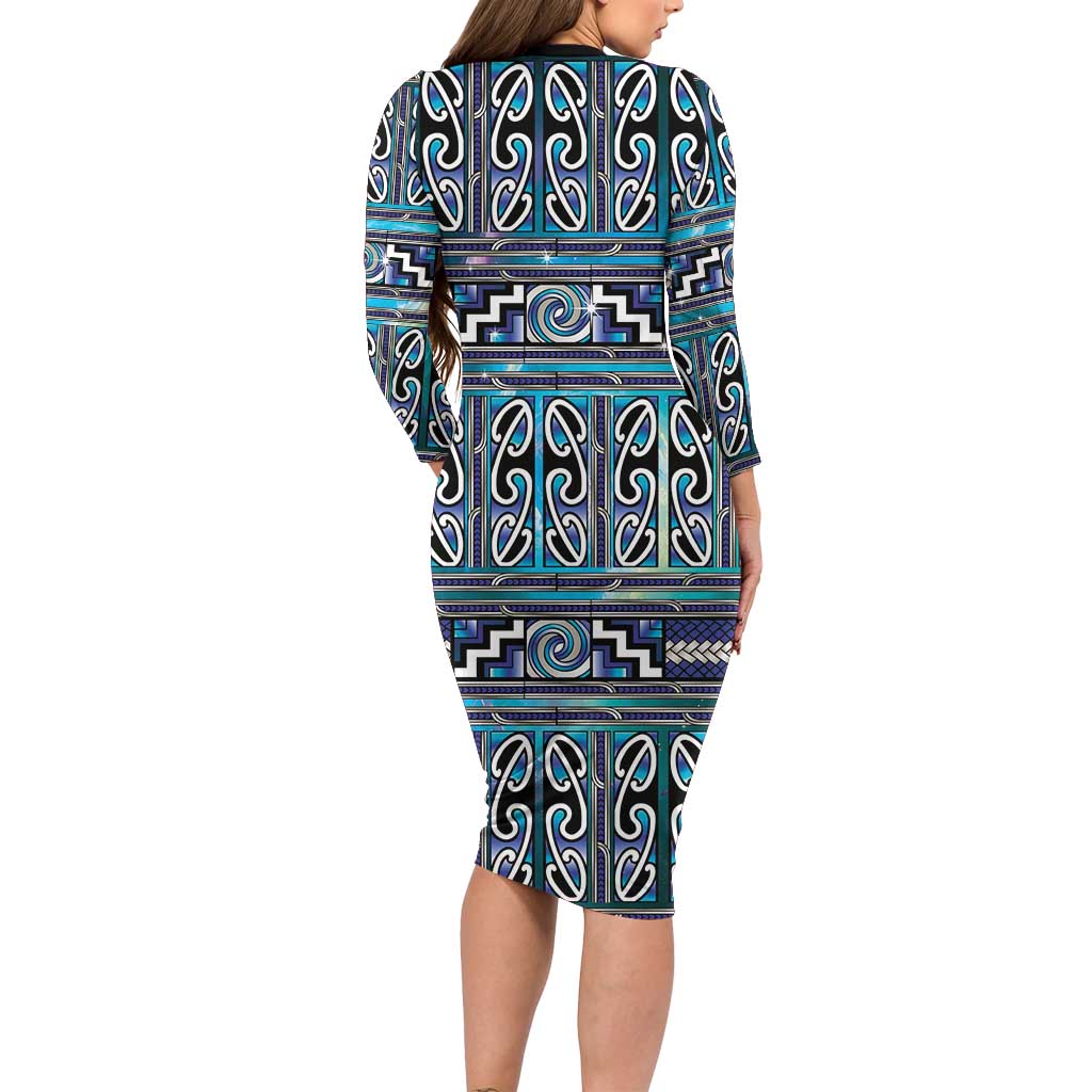 Maori Matariki Family Matching Long Sleeve Bodycon Dress and Hawaiian Shirt Blue Galaxy Aesthetic Koru Art LT01 - Polynesian Pride