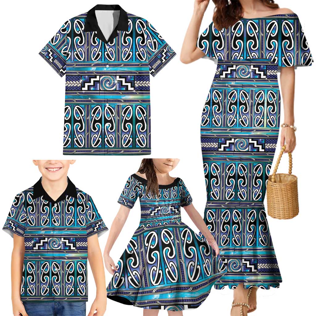 Maori Matariki Family Matching Mermaid Dress and Hawaiian Shirt Blue Galaxy Aesthetic Koru Art LT01 - Polynesian Pride