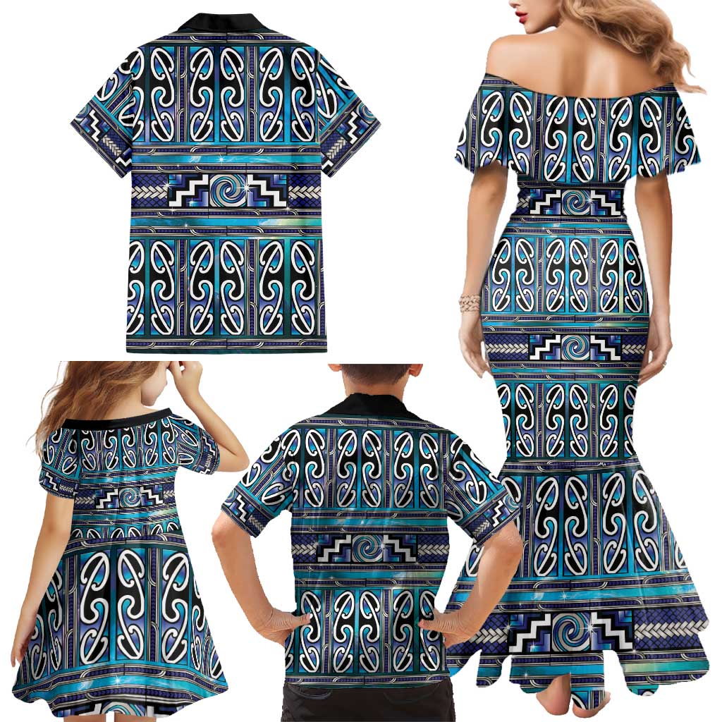 Maori Matariki Family Matching Mermaid Dress and Hawaiian Shirt Blue Galaxy Aesthetic Koru Art LT01 - Polynesian Pride