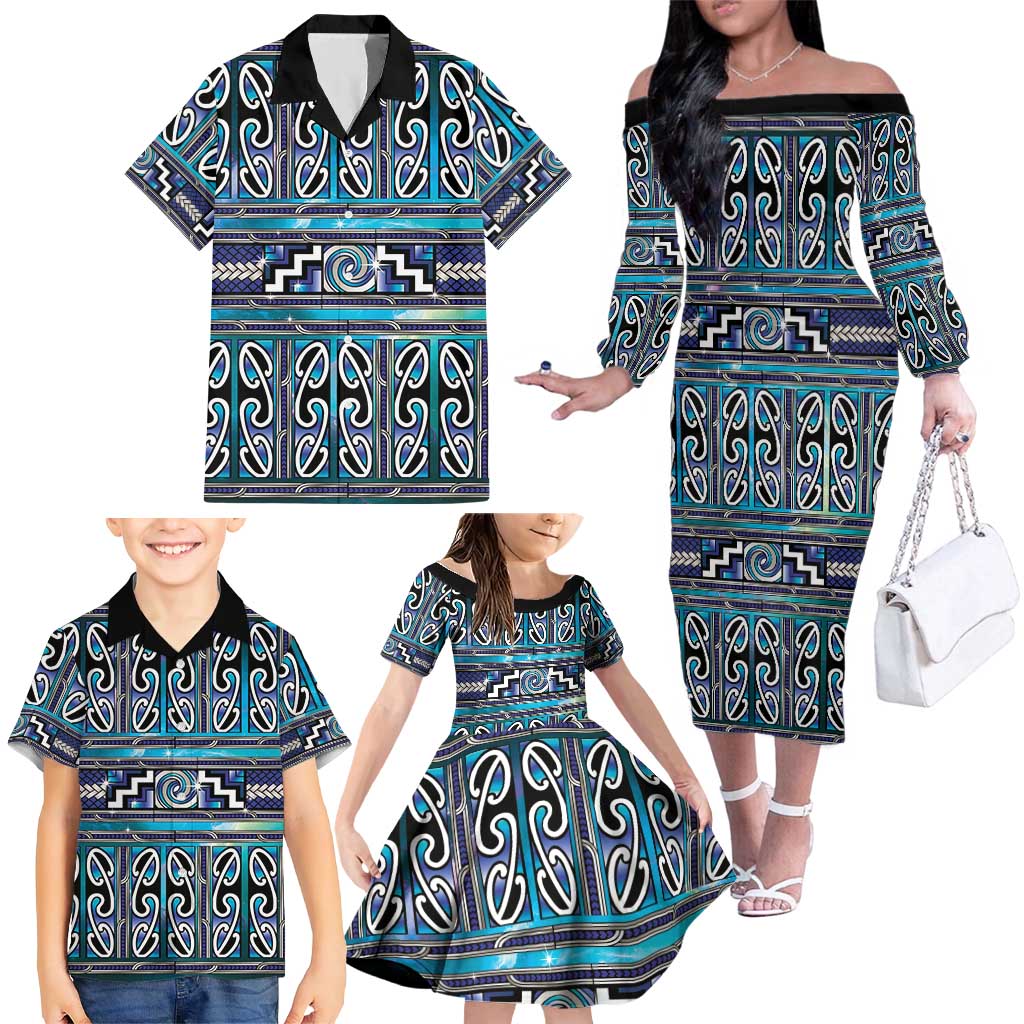Maori Matariki Family Matching Off The Shoulder Long Sleeve Dress and Hawaiian Shirt Blue Galaxy Aesthetic Koru Art LT01 - Polynesian Pride