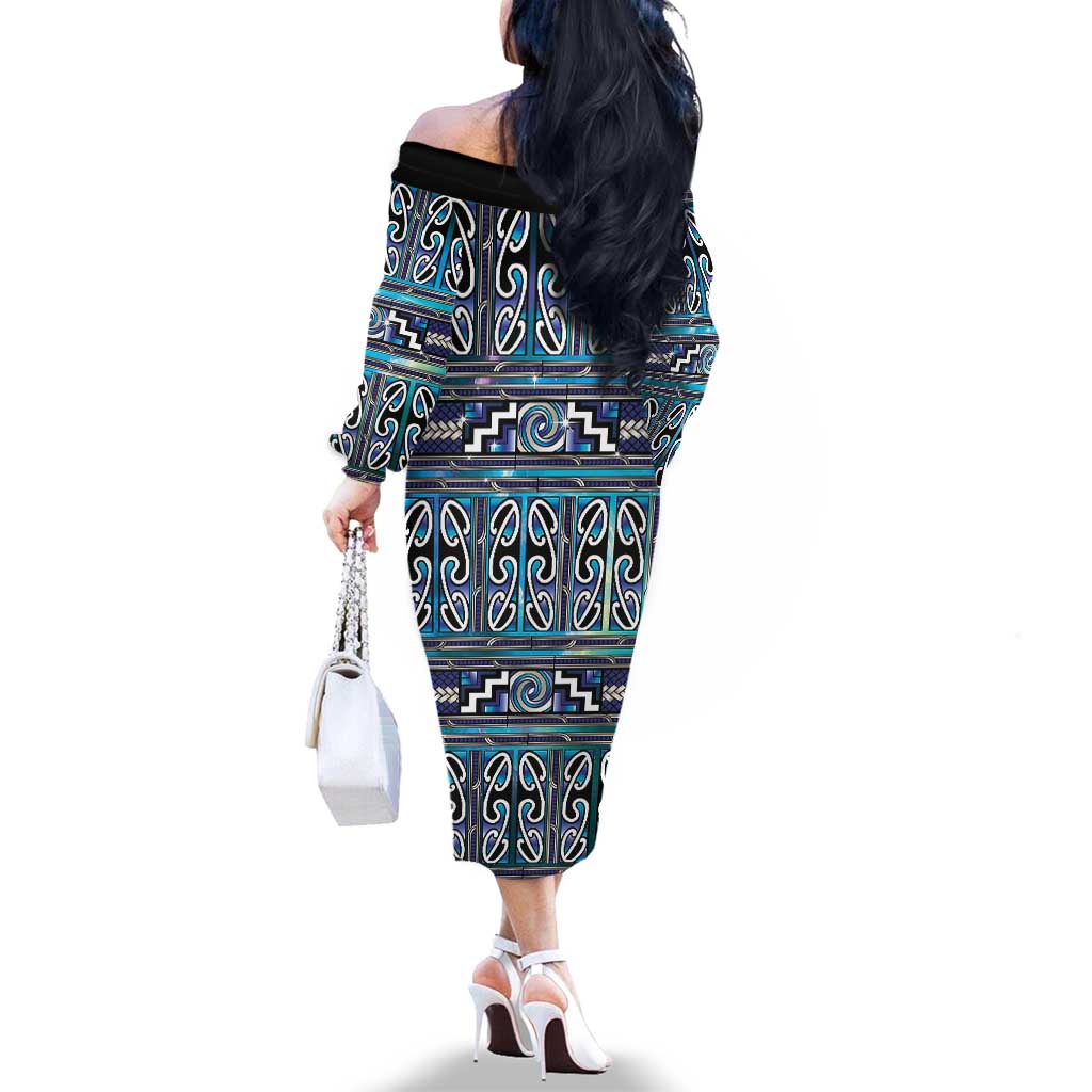 Maori Matariki Family Matching Off The Shoulder Long Sleeve Dress and Hawaiian Shirt Blue Galaxy Aesthetic Koru Art LT01 - Polynesian Pride