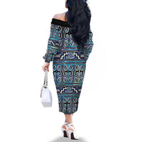 Maori Matariki Family Matching Off The Shoulder Long Sleeve Dress and Hawaiian Shirt Blue Galaxy Aesthetic Koru Art LT01 - Polynesian Pride