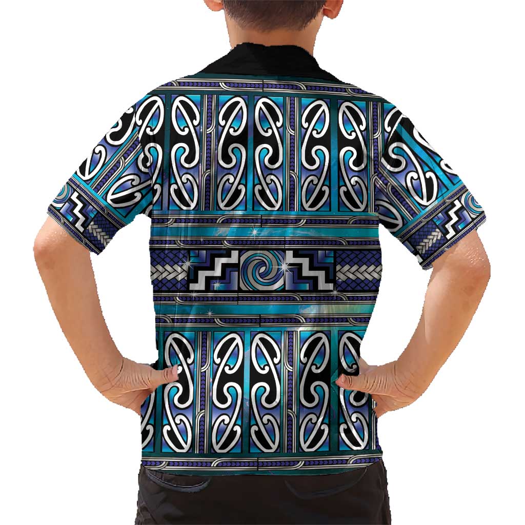 Maori Matariki Family Matching Off Shoulder Maxi Dress and Hawaiian Shirt Blue Galaxy Aesthetic Koru Art LT01 - Polynesian Pride