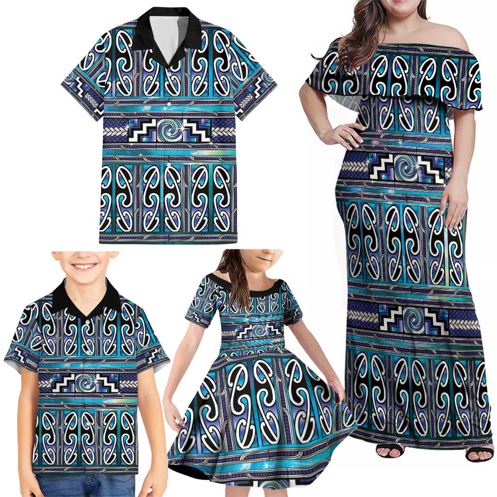 Maori Matariki Family Matching Off Shoulder Maxi Dress and Hawaiian Shirt Blue Galaxy Aesthetic Koru Art LT01 - Polynesian Pride