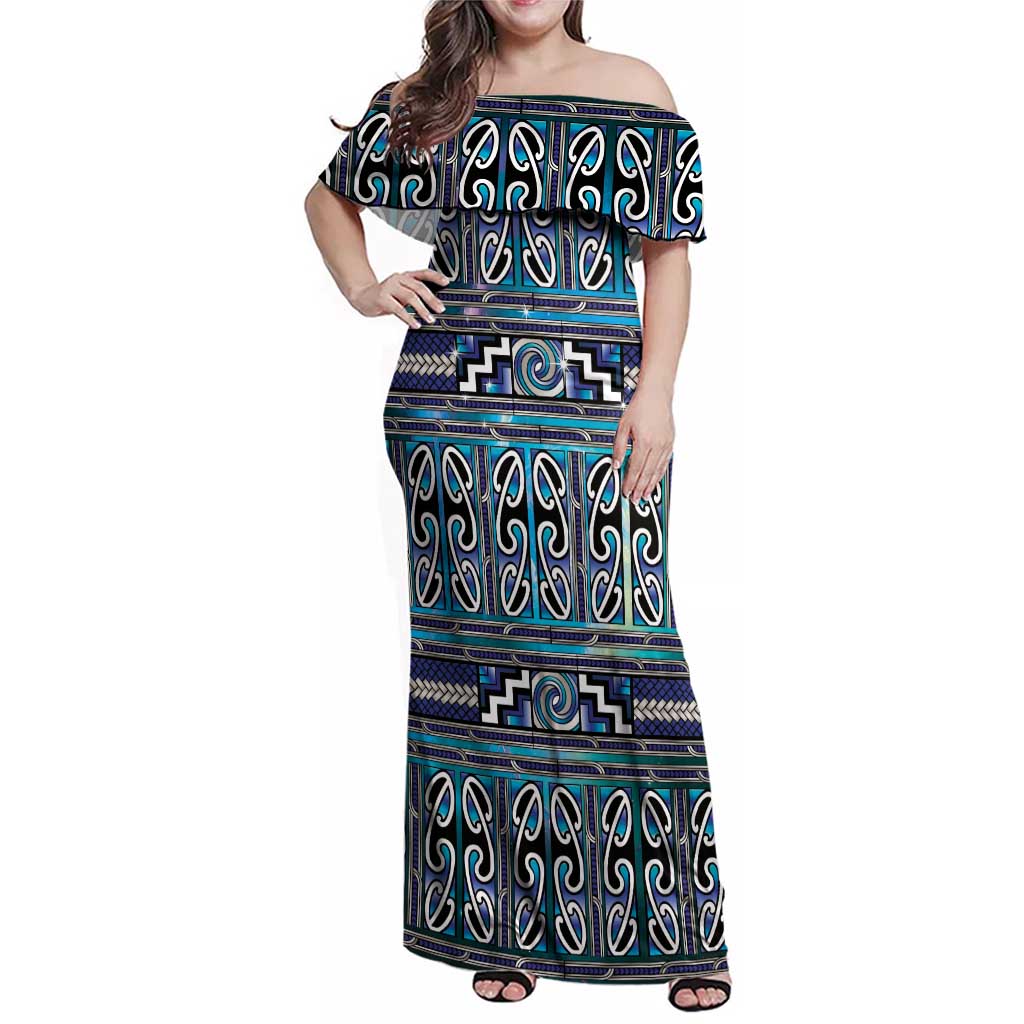 Maori Matariki Family Matching Off Shoulder Maxi Dress and Hawaiian Shirt Blue Galaxy Aesthetic Koru Art LT01 Mom's Dress Blue - Polynesian Pride