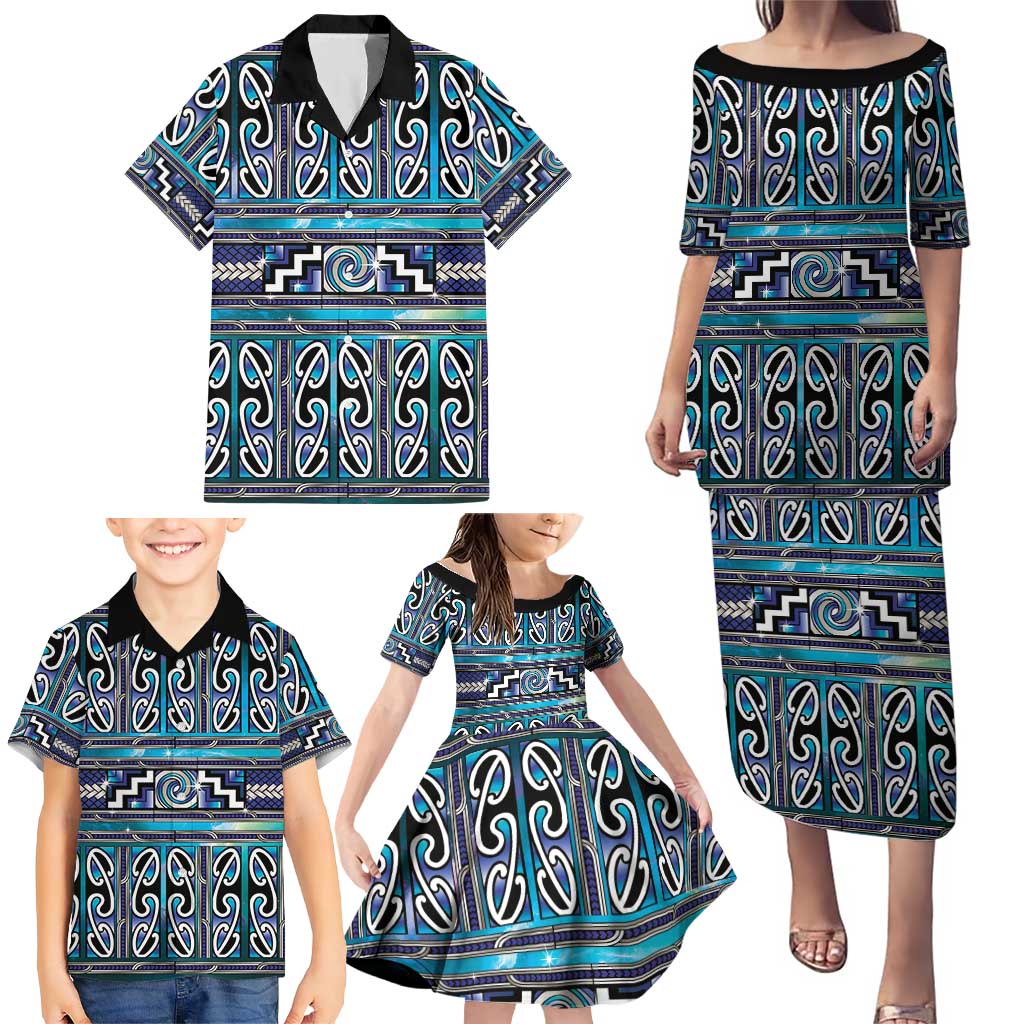 Maori Matariki Family Matching Puletasi and Hawaiian Shirt Blue Galaxy Aesthetic Koru Art LT01 - Polynesian Pride