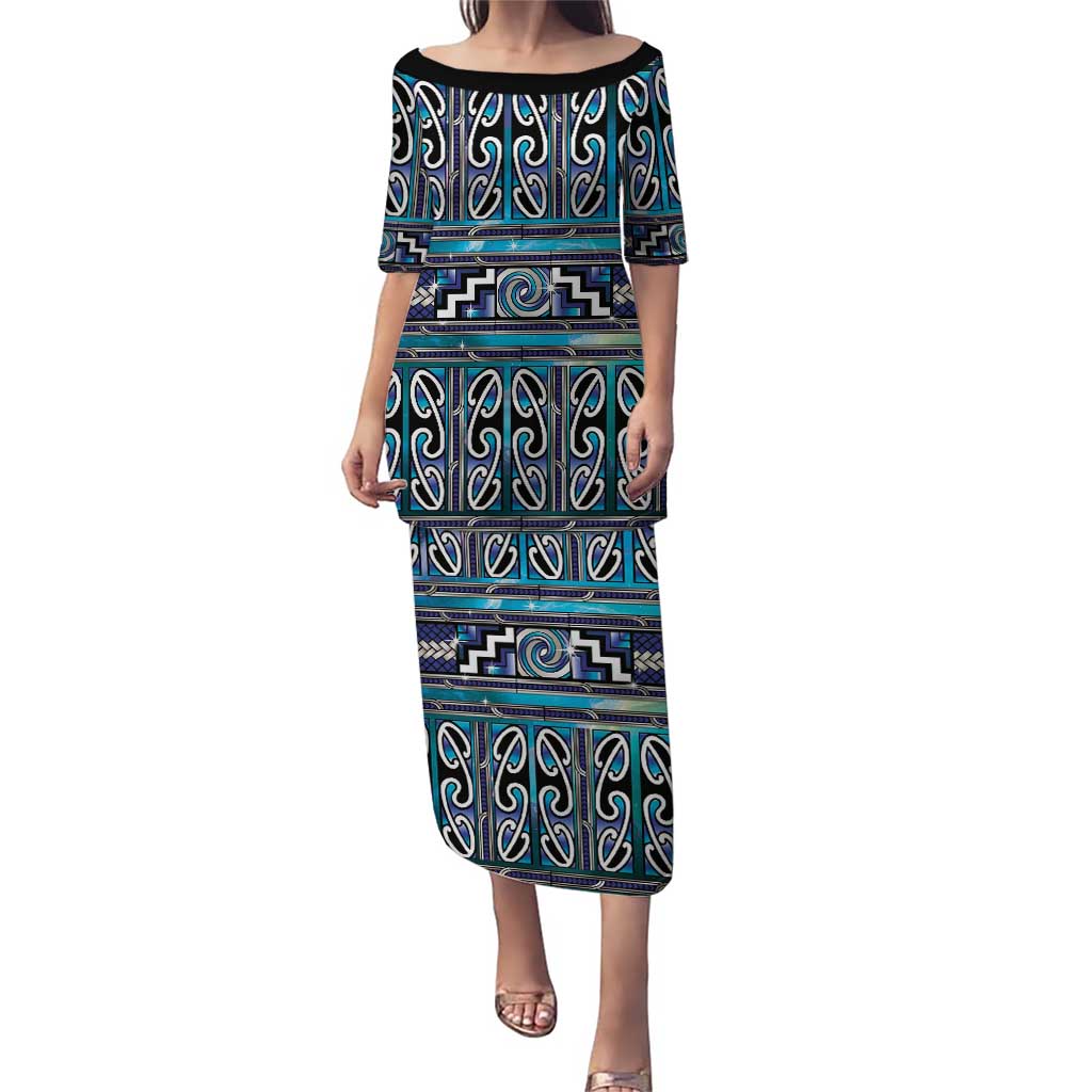 Maori Matariki Family Matching Puletasi and Hawaiian Shirt Blue Galaxy Aesthetic Koru Art LT01 Mom's Dress Blue - Polynesian Pride
