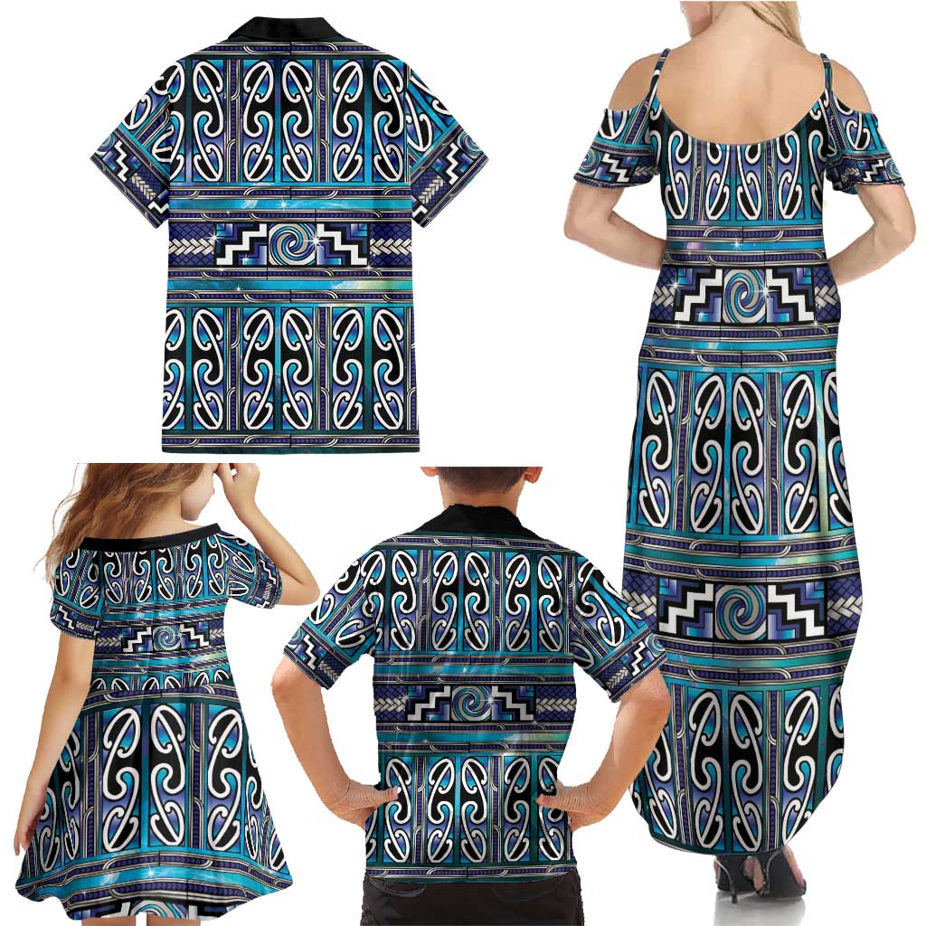 Maori Matariki Family Matching Summer Maxi Dress and Hawaiian Shirt Blue Galaxy Aesthetic Koru Art LT01 - Polynesian Pride