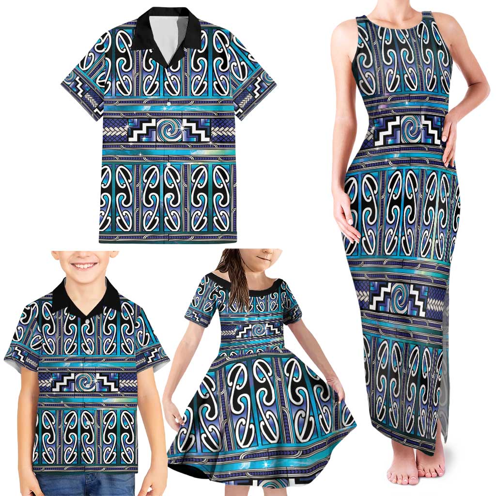 Maori Matariki Family Matching Tank Maxi Dress and Hawaiian Shirt Blue Galaxy Aesthetic Koru Art LT01 - Polynesian Pride