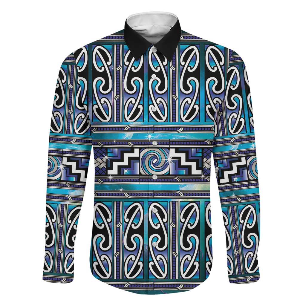Maori Matariki Family Matching Tank Maxi Dress and Hawaiian Shirt Blue Galaxy Aesthetic Koru Art LT01 Dad's Shirt - Long Sleeve Blue - Polynesian Pride