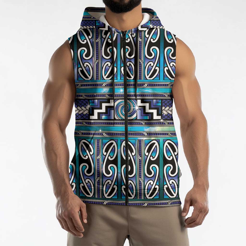 Maori Matariki Sleeveless Zip Hoodie Blue Galaxy Aesthetic Koru Art