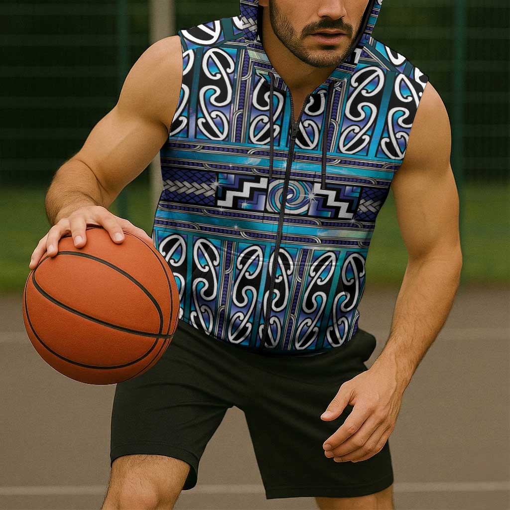Maori Matariki Sleeveless Zip Hoodie Blue Galaxy Aesthetic Koru Art