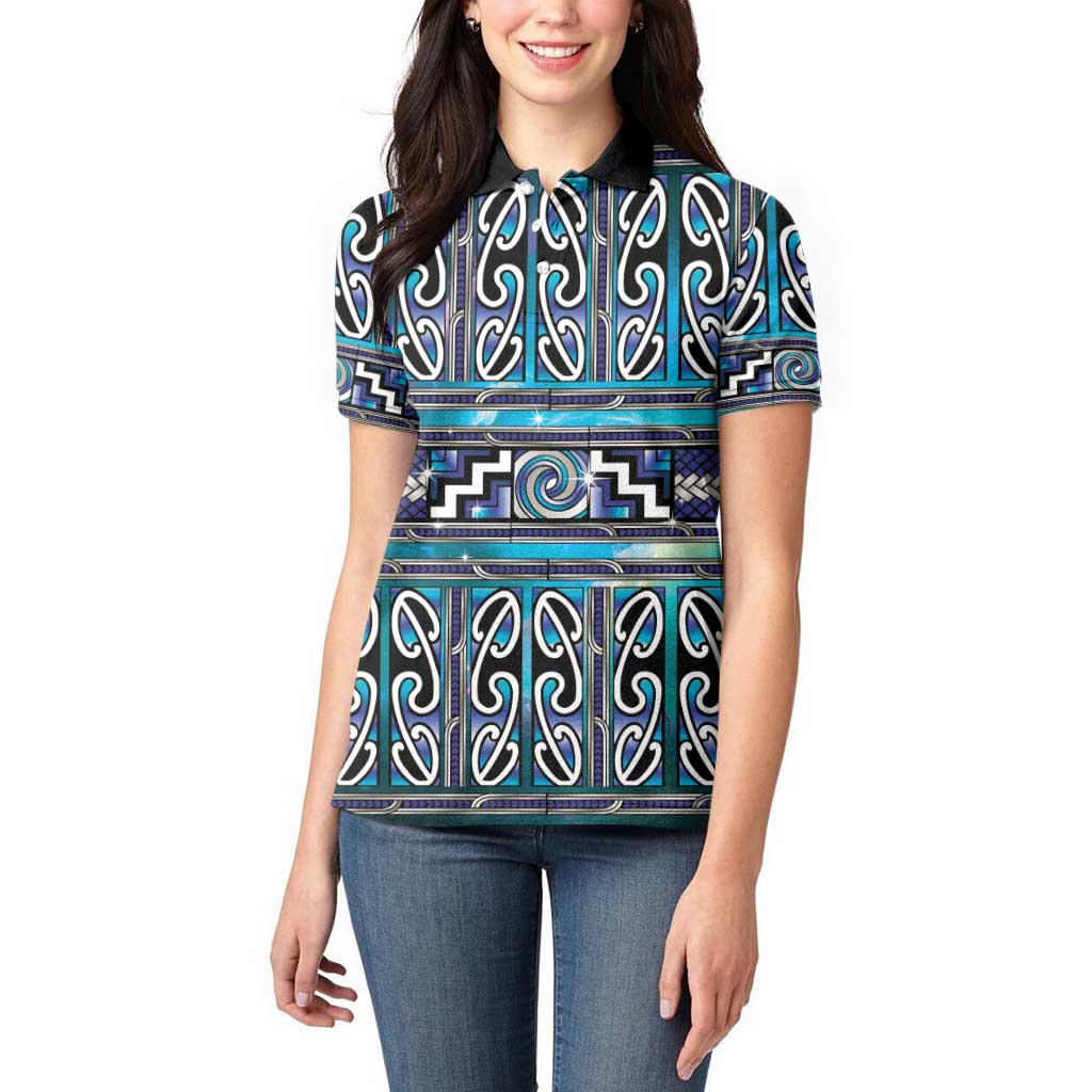 Maori Matariki Women Polo Shirt Blue Galaxy Aesthetic Koru Art