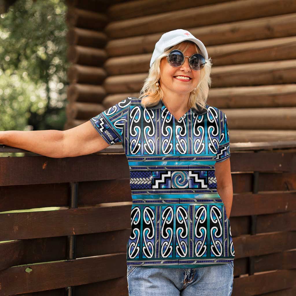 Maori Matariki Women Polo Shirt Blue Galaxy Aesthetic Koru Art