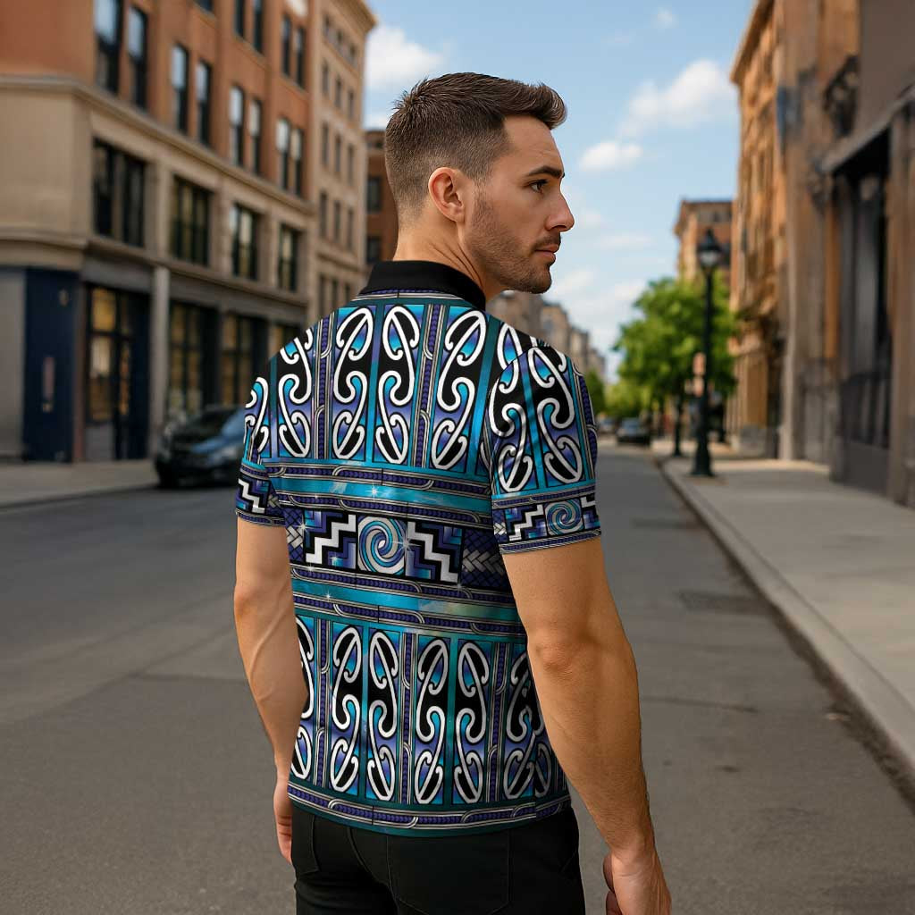 Maori Matariki Zipper Polo Shirt Blue Galaxy Aesthetic Koru Art