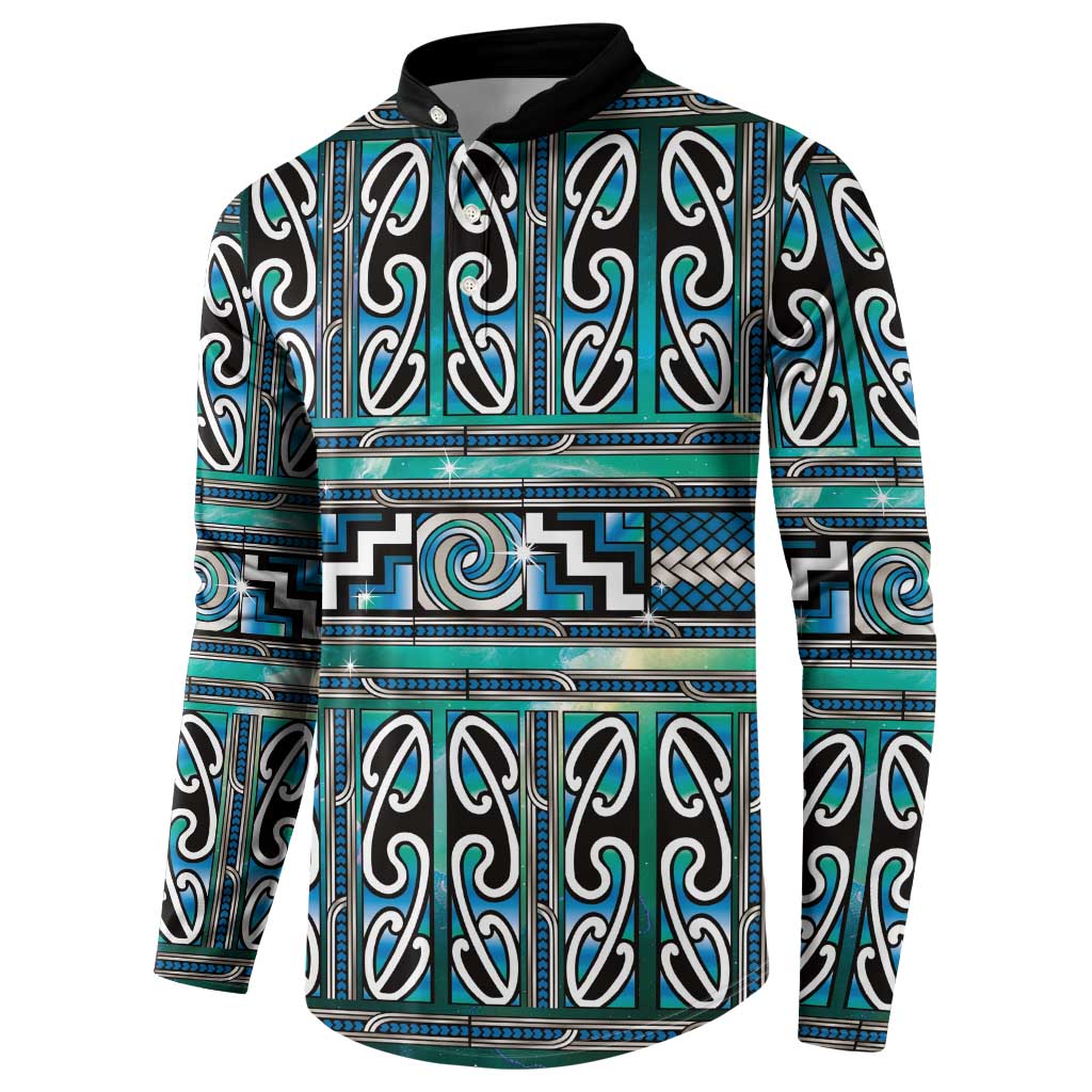 Maori Matariki Button Sweatshirt Green Galaxy Aesthetic Koru Art