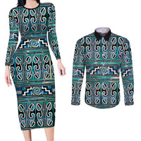 Maori Matariki Couples Matching Long Sleeve Bodycon Dress and Long Sleeve Button Shirt Green Galaxy Aesthetic Koru Art LT01 Green - Polynesian Pride