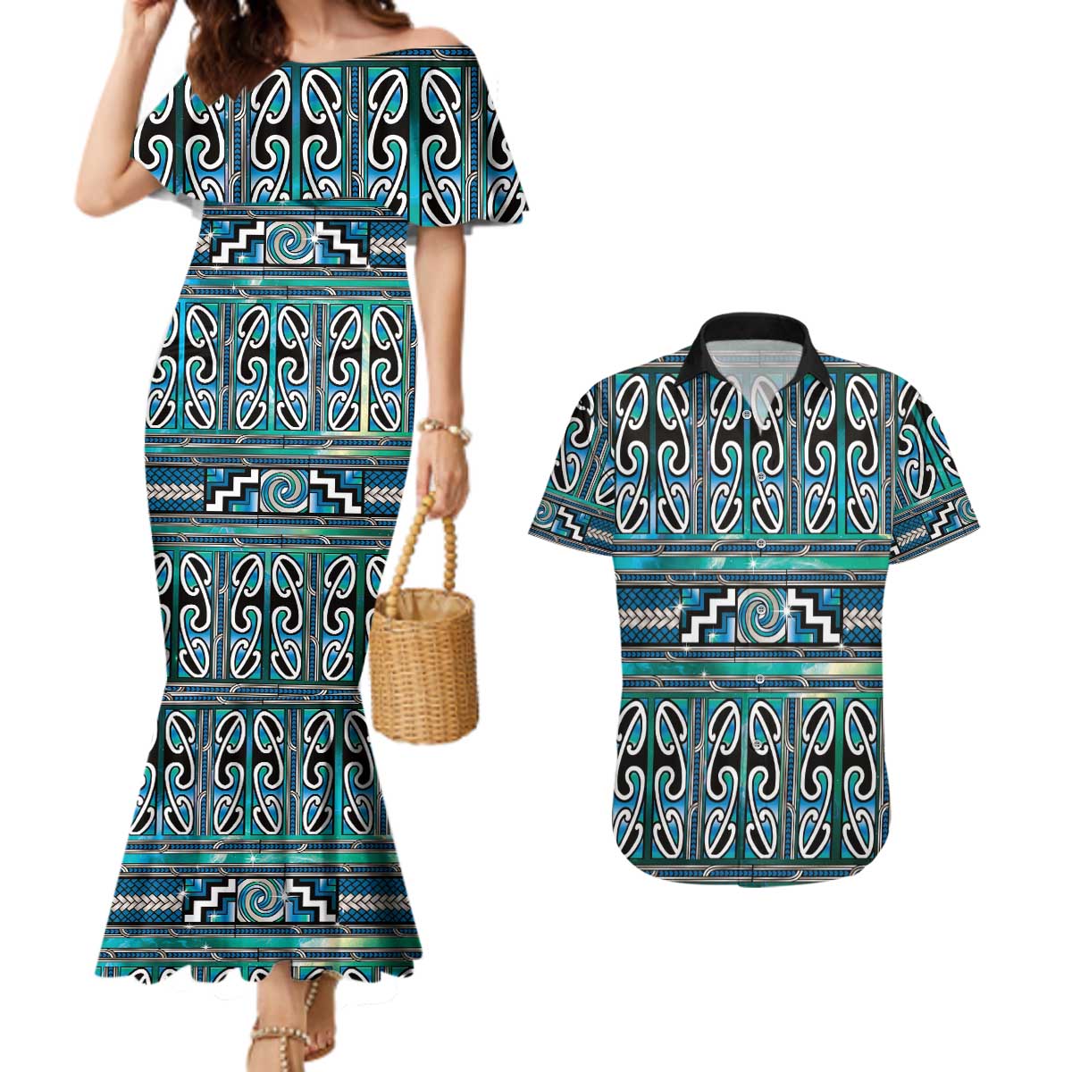 Maori Matariki Couples Matching Mermaid Dress and Hawaiian Shirt Green Galaxy Aesthetic Koru Art