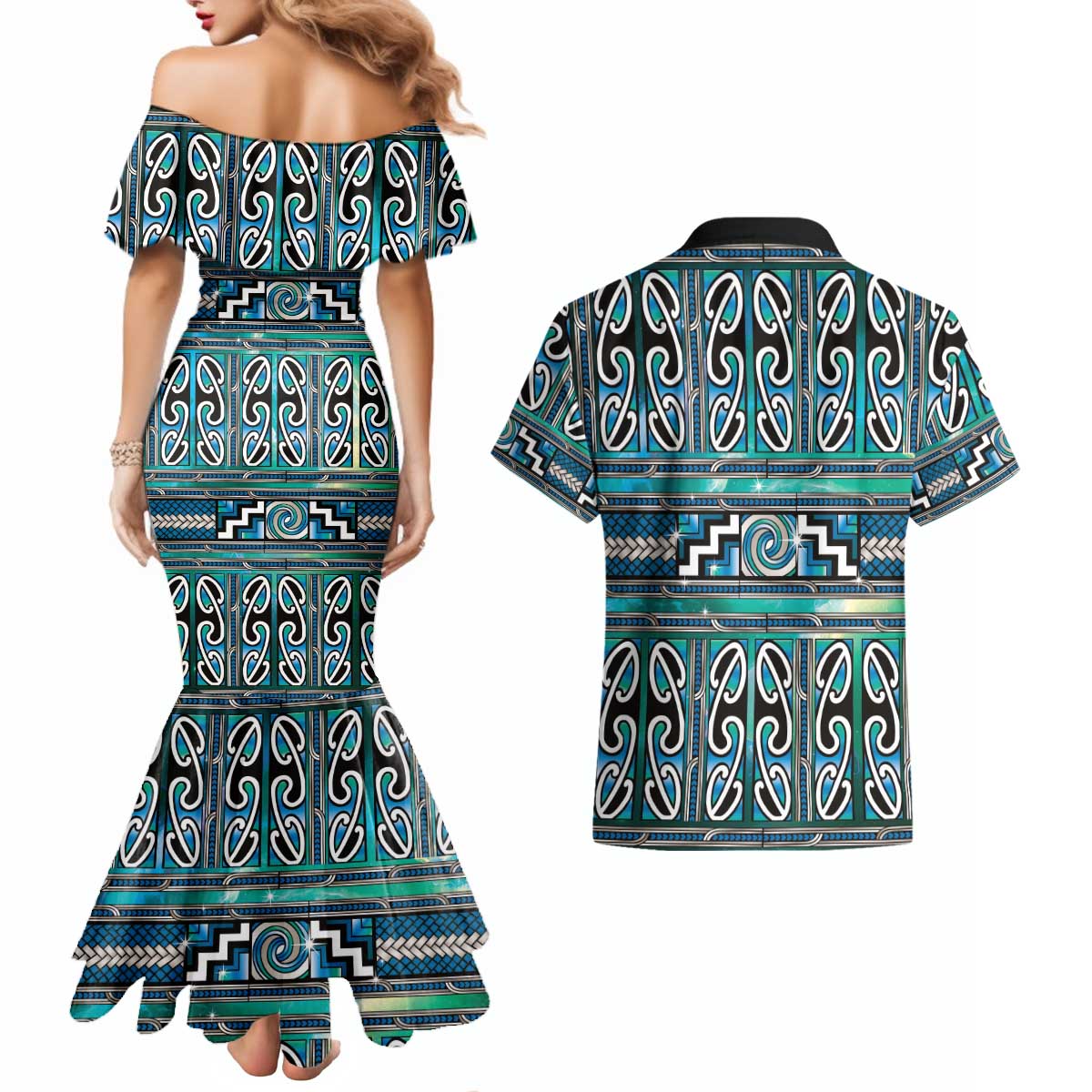 Maori Matariki Couples Matching Mermaid Dress and Hawaiian Shirt Green Galaxy Aesthetic Koru Art LT01 - Polynesian Pride