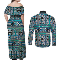 Maori Matariki Couples Matching Off Shoulder Maxi Dress and Long Sleeve Button Shirt Green Galaxy Aesthetic Koru Art