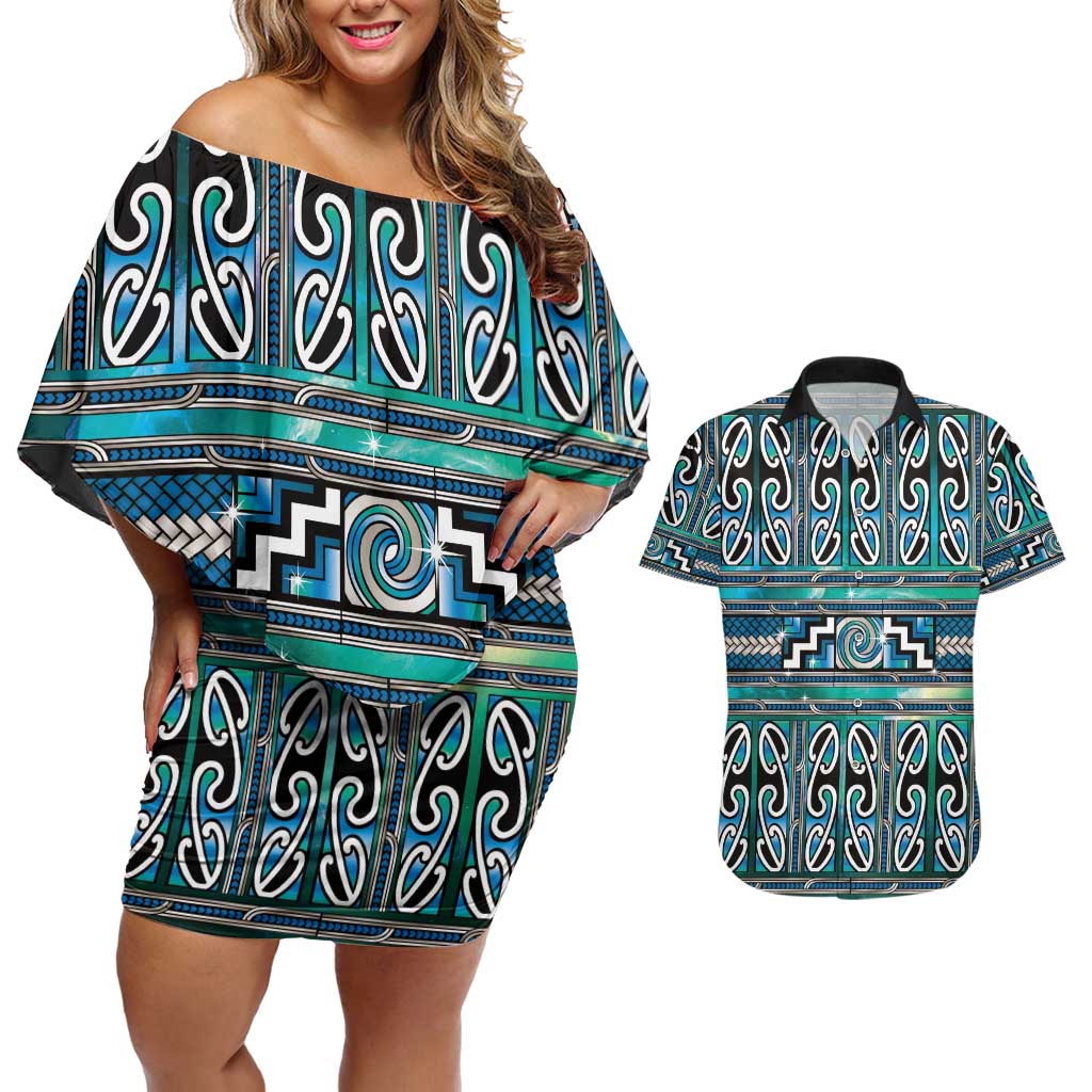 Maori Matariki Couples Matching Off Shoulder Short Dress and Hawaiian Shirt Green Galaxy Aesthetic Koru Art LT01 Green - Polynesian Pride