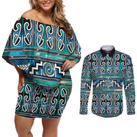 Maori Matariki Couples Matching Off Shoulder Short Dress and Long Sleeve Button Shirt Green Galaxy Aesthetic Koru Art LT01 Green - Polynesian Pride