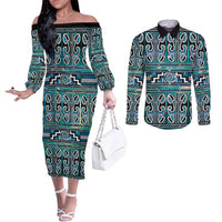 Maori Matariki Couples Matching Off The Shoulder Long Sleeve Dress and Long Sleeve Button Shirt Green Galaxy Aesthetic Koru Art LT01 Green - Polynesian Pride
