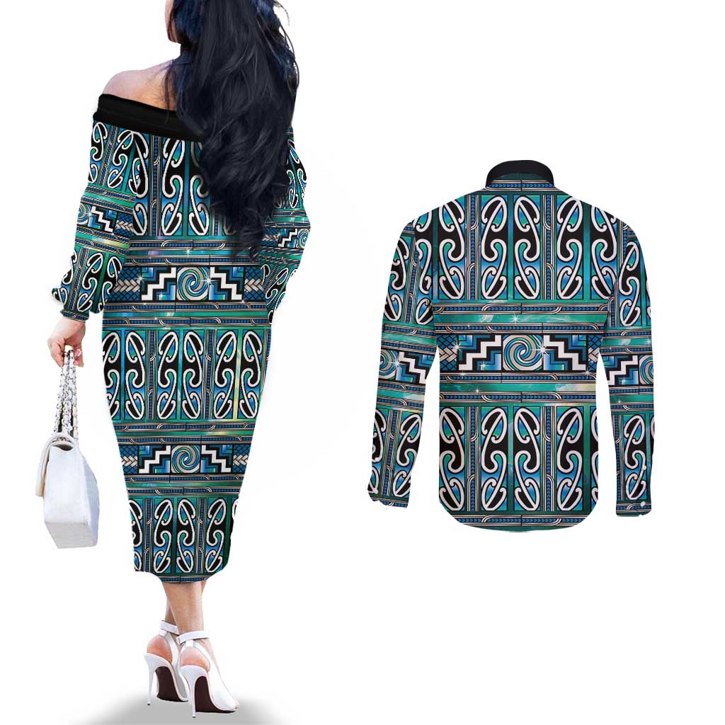 Maori Matariki Couples Matching Off The Shoulder Long Sleeve Dress and Long Sleeve Button Shirt Green Galaxy Aesthetic Koru Art LT01 - Polynesian Pride