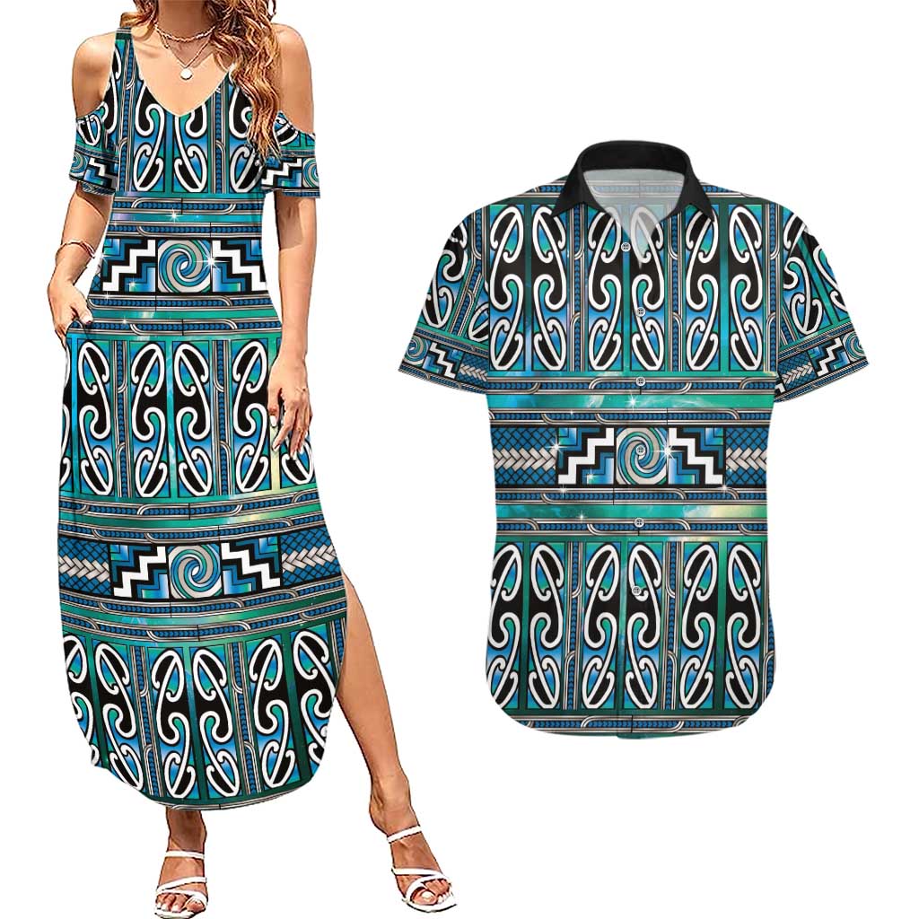 Maori Matariki Couples Matching Summer Maxi Dress and Hawaiian Shirt Green Galaxy Aesthetic Koru Art LT01 Green - Polynesian Pride