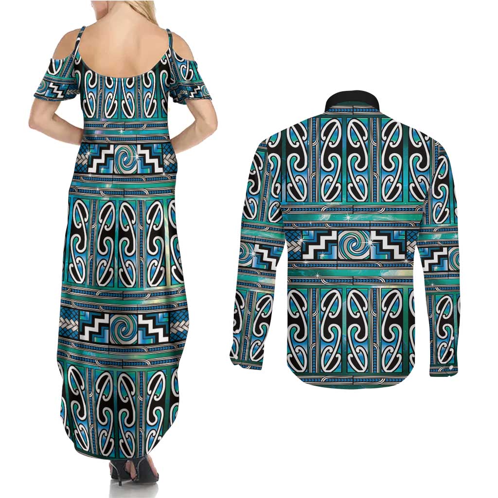 Maori Matariki Couples Matching Summer Maxi Dress and Long Sleeve Button Shirt Green Galaxy Aesthetic Koru Art LT01 - Polynesian Pride