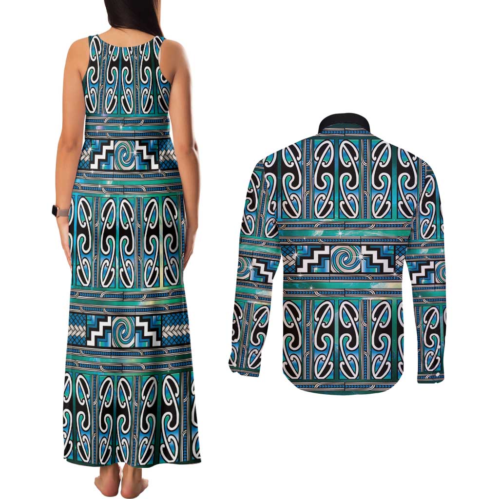 Maori Matariki Couples Matching Tank Maxi Dress and Long Sleeve Button Shirt Green Galaxy Aesthetic Koru Art LT01 - Polynesian Pride