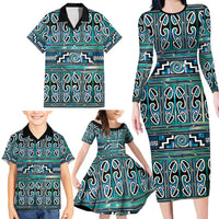 Maori Matariki Family Matching Long Sleeve Bodycon Dress and Hawaiian Shirt Green Galaxy Aesthetic Koru Art LT01 - Polynesian Pride