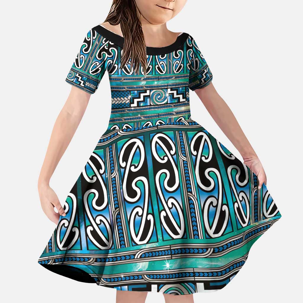 Maori Matariki Family Matching Off The Shoulder Long Sleeve Dress and Hawaiian Shirt Green Galaxy Aesthetic Koru Art LT01 Daughter's Dress Green - Polynesian Pride