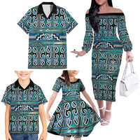 Maori Matariki Family Matching Off The Shoulder Long Sleeve Dress and Hawaiian Shirt Green Galaxy Aesthetic Koru Art LT01 - Polynesian Pride
