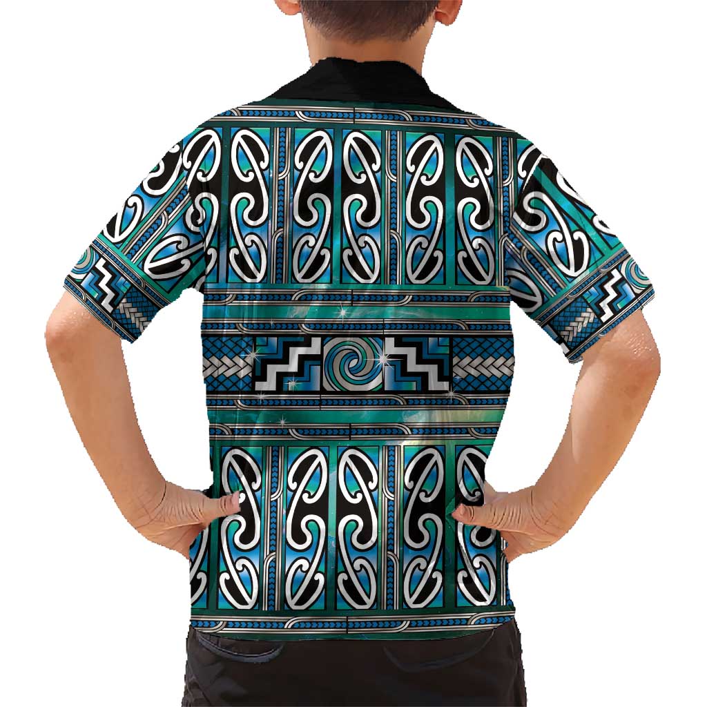 Maori Matariki Family Matching Off Shoulder Maxi Dress and Hawaiian Shirt Green Galaxy Aesthetic Koru Art LT01 - Polynesian Pride