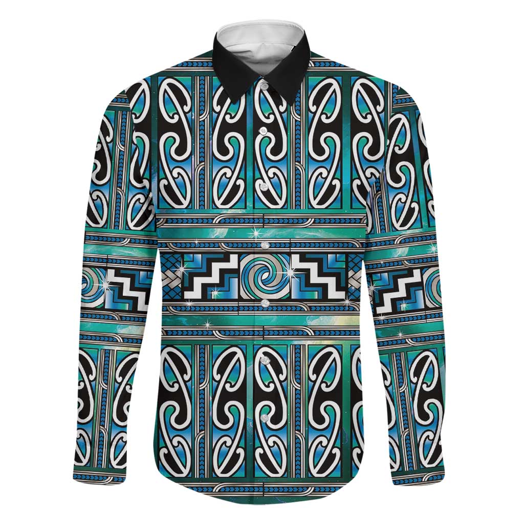 Maori Matariki Family Matching Off Shoulder Maxi Dress and Hawaiian Shirt Green Galaxy Aesthetic Koru Art LT01 Dad's Shirt - Long Sleeve Green - Polynesian Pride