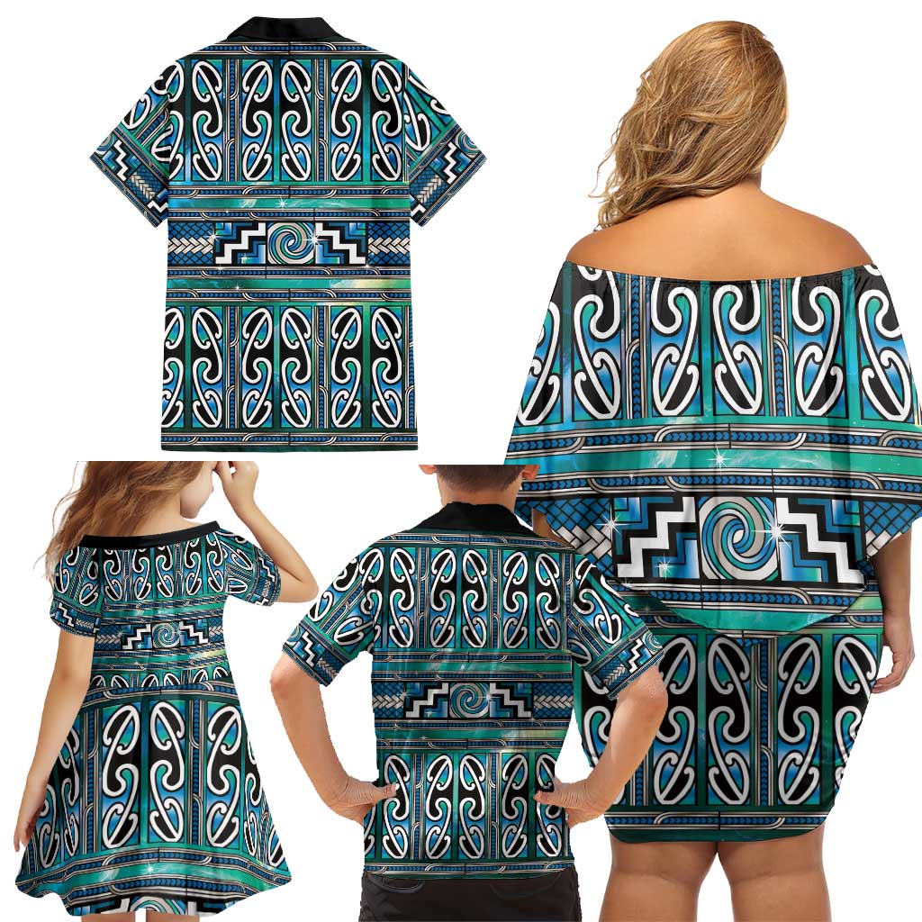Maori Matariki Family Matching Off Shoulder Short Dress and Hawaiian Shirt Green Galaxy Aesthetic Koru Art LT01 - Polynesian Pride