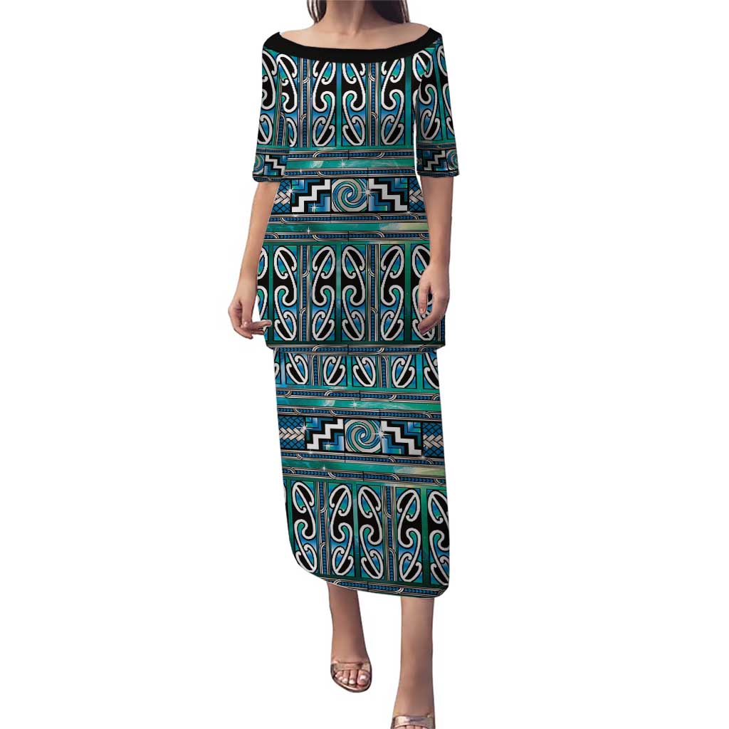 Maori Matariki Family Matching Puletasi and Hawaiian Shirt Green Galaxy Aesthetic Koru Art LT01 Mom's Dress Green - Polynesian Pride